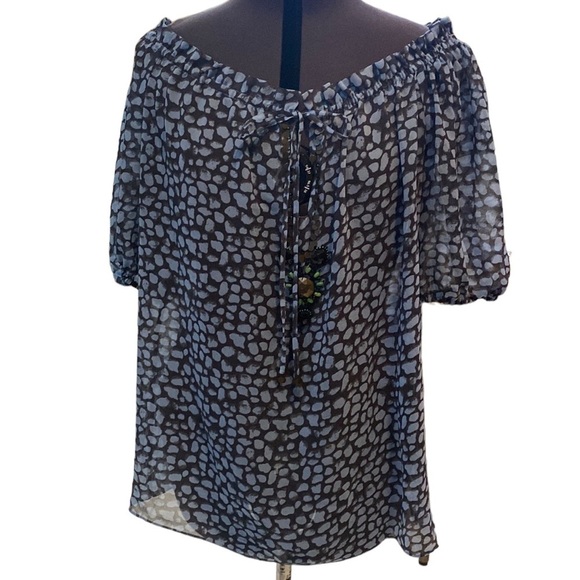 Moda International Womens Sheer Blue/Black Beaded Blouse Sz L V-Neck Puff Sleeve - Picture 1 of 9